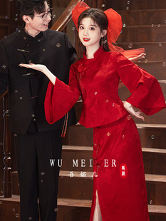 2024 New Engagement Red Cheongsam Bridal Two-Piece Toast Wear Chinese Dress Out of the Pavilion Wedding Clothes Return Wear for Women
