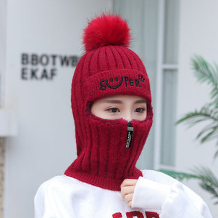 Hat Women's Winter Knitted Wool Hat Warm fleece-lined Korean Style Fashionable Zipper Autumn and Winter Riding Electric Car Windproof Cold Hat