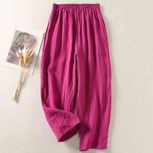 Cotton and Linen Ankle-length Pants Children's Spring and Summer Artistic Solid Color plus size Loose Waist Casual Pants Slimming Mother's Radish Haren Pants