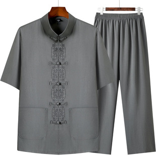 Tang Suit Men's Middle-aged and Elderly Short-sleeved Chinese National Style Hanfu Summer Ice Silk Shirt Dad suit Grandpa Shirt