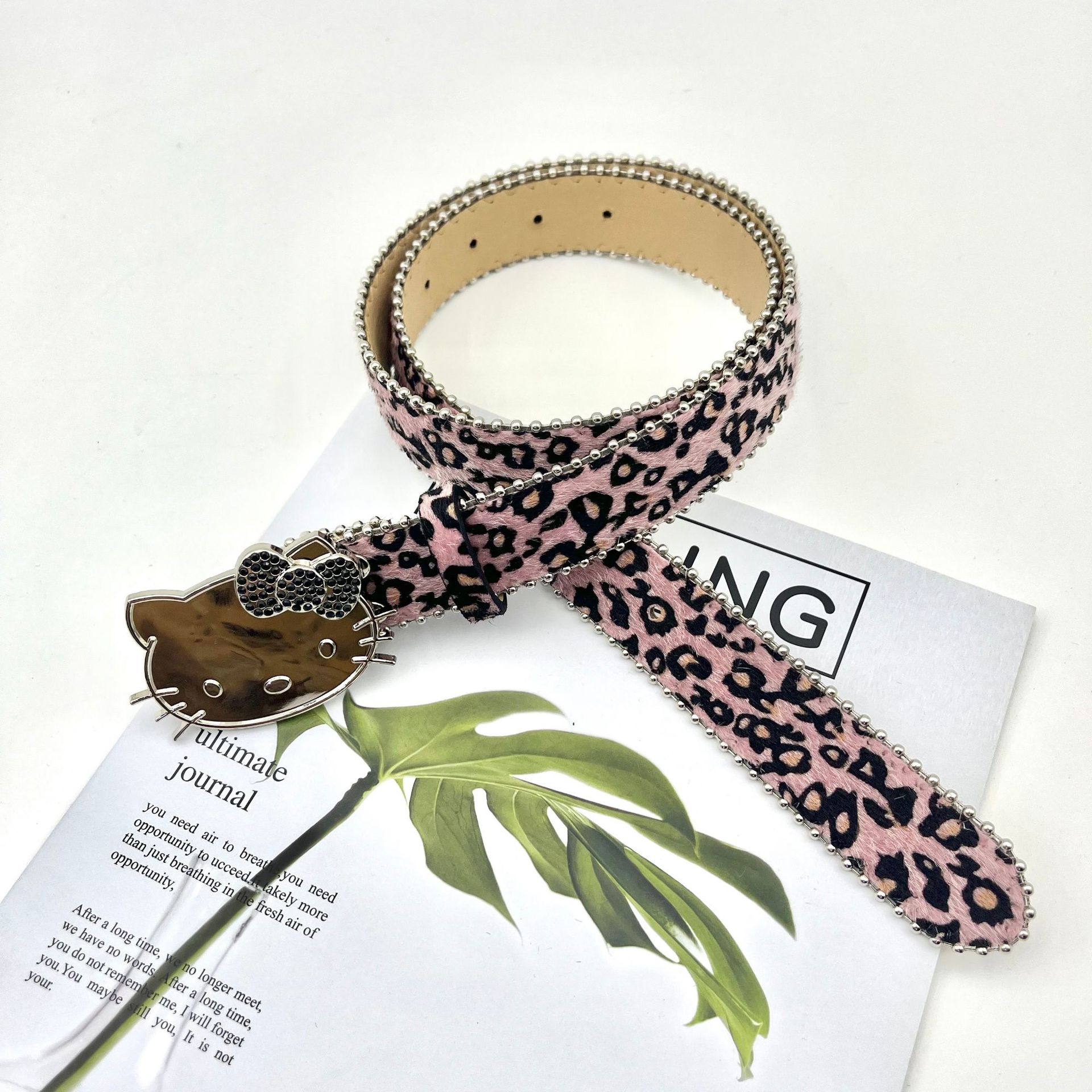 New Leopard Print Horse Hair Series Belt KT Cat Head Black Diamond Buckle Belt for Women Y2K Jeans Skirt Accessories All-match