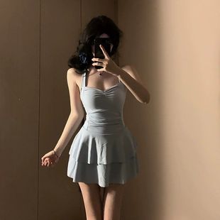 New one-piece skirt swimsuit women's conservative belly-covering slimming high-end Korean ins style student girl's vacation hot spring
