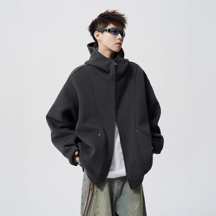 Heavy dark gray Hooded Jacket Men's Winter American Style Laid-back Thickened Couple's Jacket Trendy Brand Design Sense Sweater Cardigan
