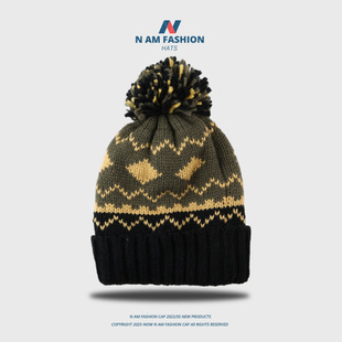 Korean style autumn and winter woolen hat outdoor riding knitted hat color matching fur ball ear protection fleece-lined thick warm hat