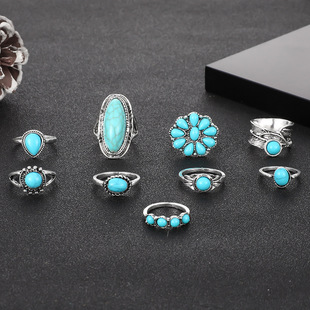 AliExpress new ring retro bohemian feather turquoise hollow 9 set ring factory direct sales