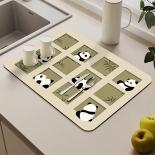 PU Cute Panda Kitchen Modern Simple Diatom Mud Drain Mat Bar Counter Absorbent Square Table Mat Chopsticks Drain Mat