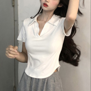 Short-sleeved T-shirt Women's Summer New Korean-style College-style Niche Instagram Trendy Irregular POLO Collar Girl's Slim-fit Top