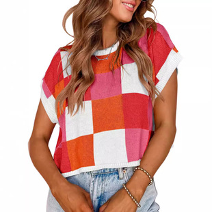 Cross-border Foreign Trade Amazon 2024 Spring and Summer Hat Sleeve Navel Short Sleeve Color Block Round Neck Knitted Checkerboard Sweater Short