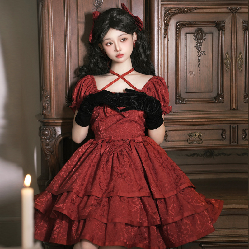 Thorn Rose original lolita skirt genuine short sleeve op three-section pettiskirt red lolita dress lo skirt