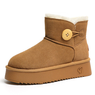 Round Buckle Genuine Leather Snow Boots Women 2024 New Short Barrel Winter Boots Korean Versatile fleece-lined Cotton Shoes Bread Shoes