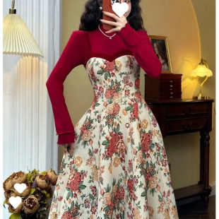 2024 High-grade dress French New Style Retro Elegant Floral Sling Autumn and Winter Slimming Two-piece Set