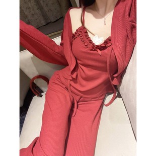 Autumn and Winter New Style Pajamas with Chest Pad Women's Sexy Pure Desire Style Modal Cotton Red Three-piece Home Clothes