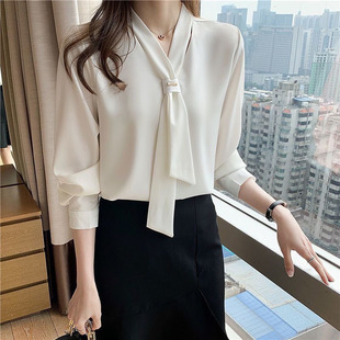 2025 Spring and Autumn New Bow Professional White Chiffon Shirt Women's Top Temperament V-Neck Base Shirt Summer Wear