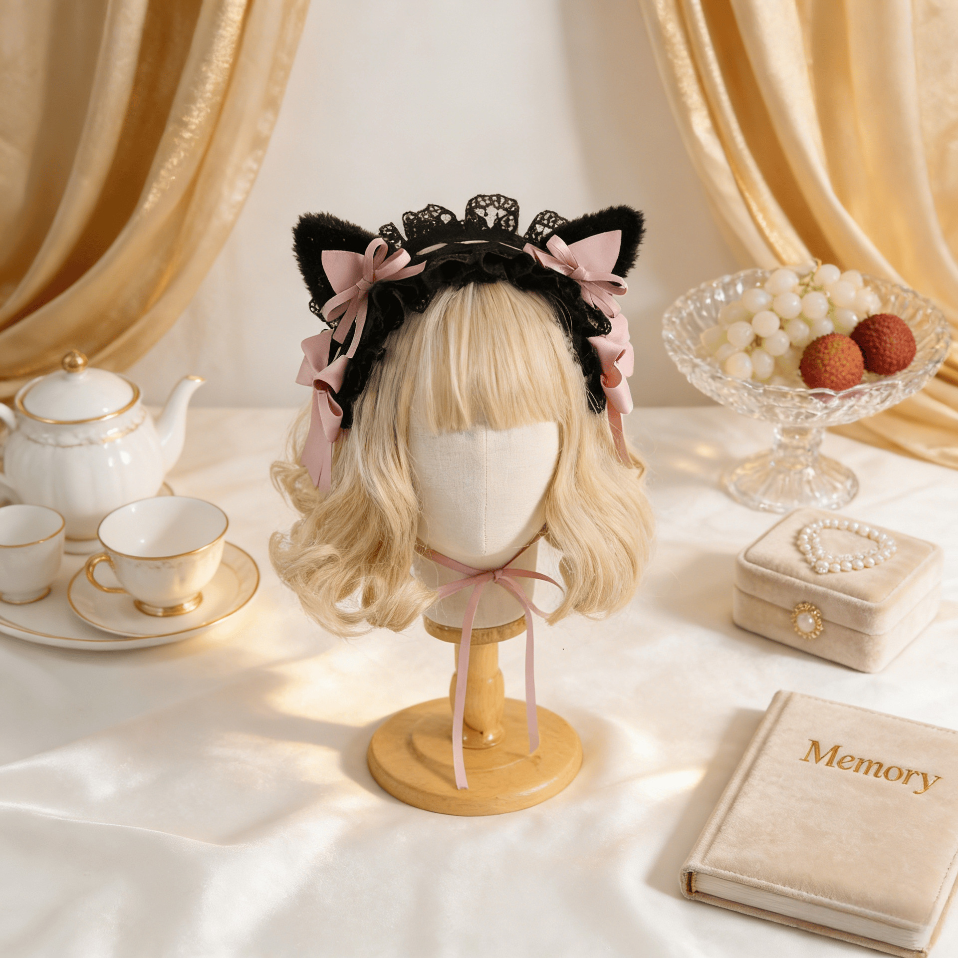 Mass-Produced Bow Hairpin Brooch in Lace Style, Black Japanese Handmade Hair Accessory, Double Ponytail Hairband