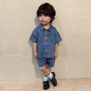 Children's Summer Denim suit Boys 2024 New Baby Short-sleeved Summer Girls' dress Brothers and Sisters