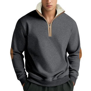 European and American Cross-border Amazon New American Sweat Vintage Stitching Embroidered Half-placket Men's plus size Long-sleeved Sweat