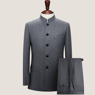 Four Seasons wear worsted wool mulberry silk brushed fabric men's slim Chinese stand collar youth wear ethnic style suit