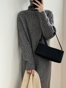 Autumn and Winter High Collar Long Twist Knitted Skirt Women's Korean-style Loose Thickened Warm Sweater Skirt Over-knee dress Trendy