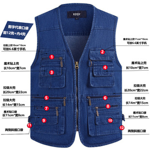 16 Pocket Pure Cotton Denim Vest Fat Men's Loose Spring and Autumn Plus Size Plus Size Ware Shoulder Tooling Outdoor Vest