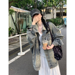 High Street American Style Vintage Washed Old Denim Coat Women's Spring and Autumn Loose oversize Mid-length Jacket Top