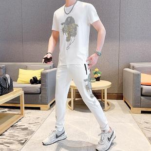 European Station Light Luxury White Casual Sports Suit Men's Summer New Hot Diamond Tiger Head Two-piece All-match Men's Trendy