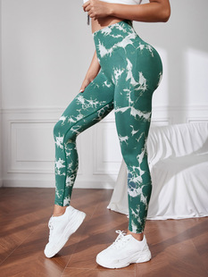 High quality factory spot explosion European and American seamless peach yoga pants tie-dyed high waist hip sports fitness pants