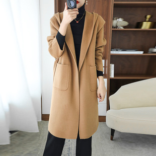 Camel double-sided woolen coat Women's Mid-length hooded autumn and winter New loose lace-up elegant woolen coat