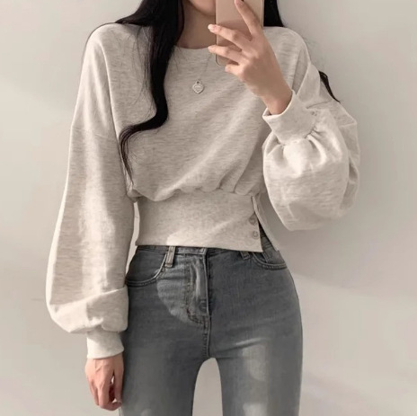 단색 짧은 웨이스트 라운드 넥 기모 땀 여자 가을 얇은 올 매치 느슨한 후드 긴팔 탑