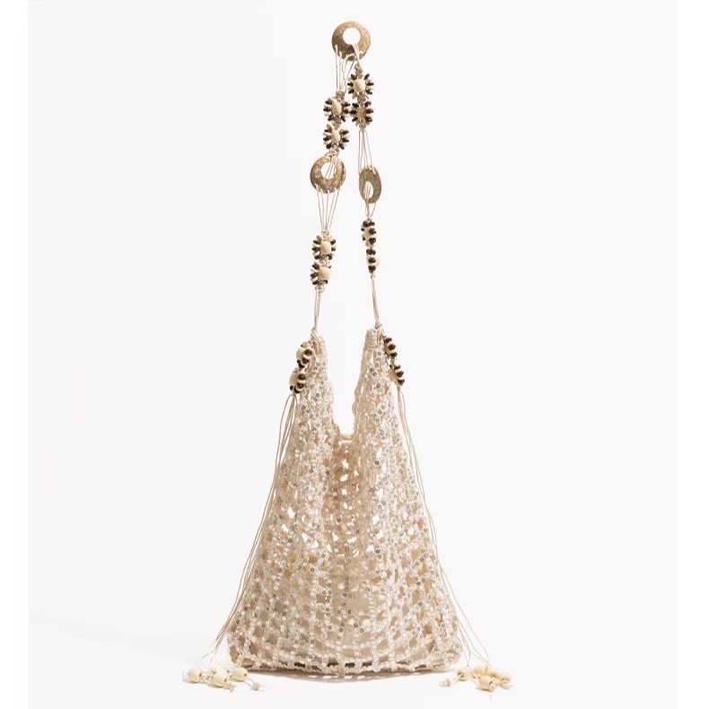Forest-style openwork sequined knit tote bag, Bohemian beaded shoulder/crossbody bag, summer vacation beach bag.