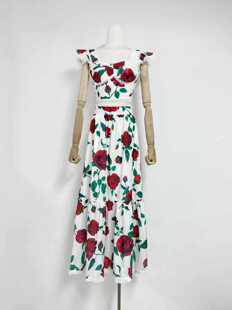 European and American Cross-border 2025 Spring and Summer New Rose Printed Sling Short Top High Waist Long Skirt suit