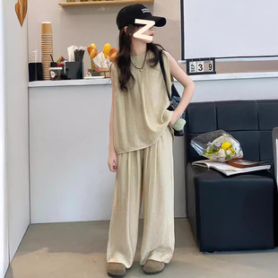 Girls Summer Thin Vest suit 2024 New Children's Fashionable Western Style T-shirt Trousers Korean Two-piece Set