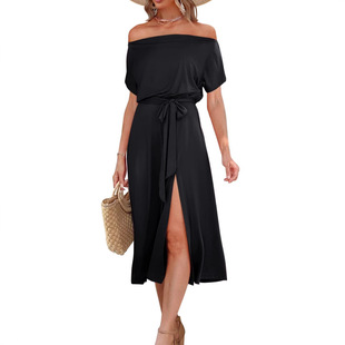 2024 Amazon eBay Women's New Summer dress Shoulder Short Sleeve Lace Waist Split Mid-Length dress