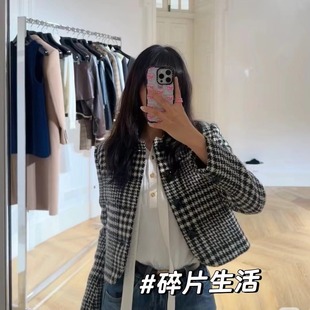 Light Mature Wind Autumn and Winter Commuter Elegant Wear Houndstooth Woolen Cardigan Short Round Neck Tweed Woven Coat for Women