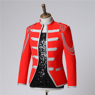 Foreign Trade Heavy Handmade Red Military Uniform Men's Casual Performance Suit Male Singer DS Prom Stage Performance Suit