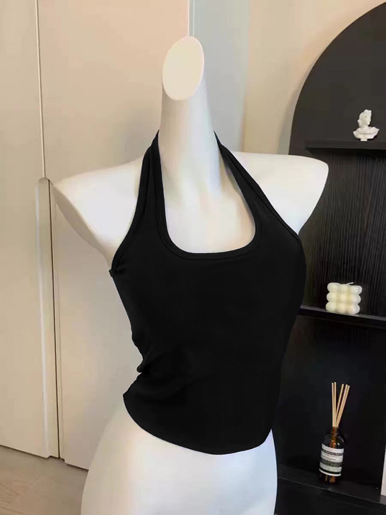 여성용 블랙 홀터넥 레이서 탑, 여름 ootd 웨어, 슬림핏 이너웨어, 짧은 민소매 바텀 탑