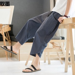 Summer Chinese Style Cotton and Linen Capri Pants Retro Wide Leg Pants Breeches plus size Casual Chinese Style Linen Shorts for Men