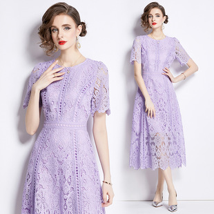 Niche retro high-grade round neck ruffle sleeve lace dress women's summer new slimming elegant dress