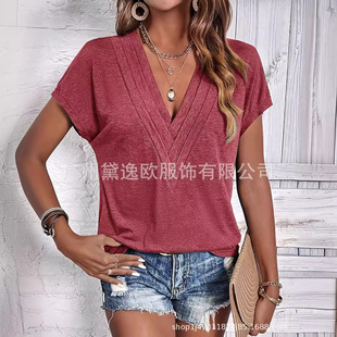 2024 cross-border new solid color V-neck cross craft bat sleeve T-shirt elegant slim