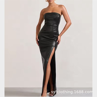 Slit Leather Skirt European and American Style Dress Super Factory Cross-Border Dress Long Chest-Wrapped Pu Leather Dress