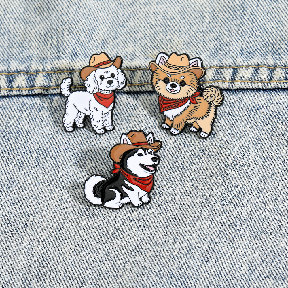 European and American Cross-Border Cute Animal Brooches, Creative Western Cowboy Shiba Inu Husky Badges, Versatile Clothing Decorations