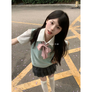 Summer Jk Uniform Pullover Vest Women's Preppy Style Versatile Solid Color Short-Sleeve Shirt Plaid Skirt Short Skirt Set Women