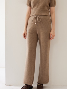 2024 autumn and winter new cashmere women's knitted wide-leg pants lace-up with pocket loose warm slim casual pants thick