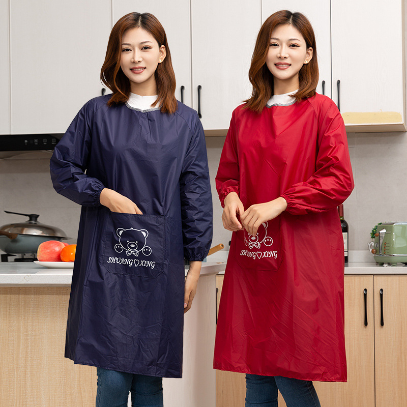 역방향 착용 작업복 방수 및 내유성 긴팔 앞치마 새로운 광고 로고 인쇄 가정 주방 작업 남성과 여성