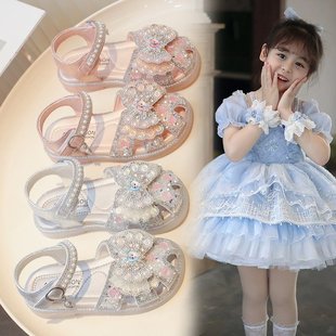 Girls' Hollow-out Sandals 2024 Summer Soft-soled Princess Sandals Bow Large Children's Baby Shoes