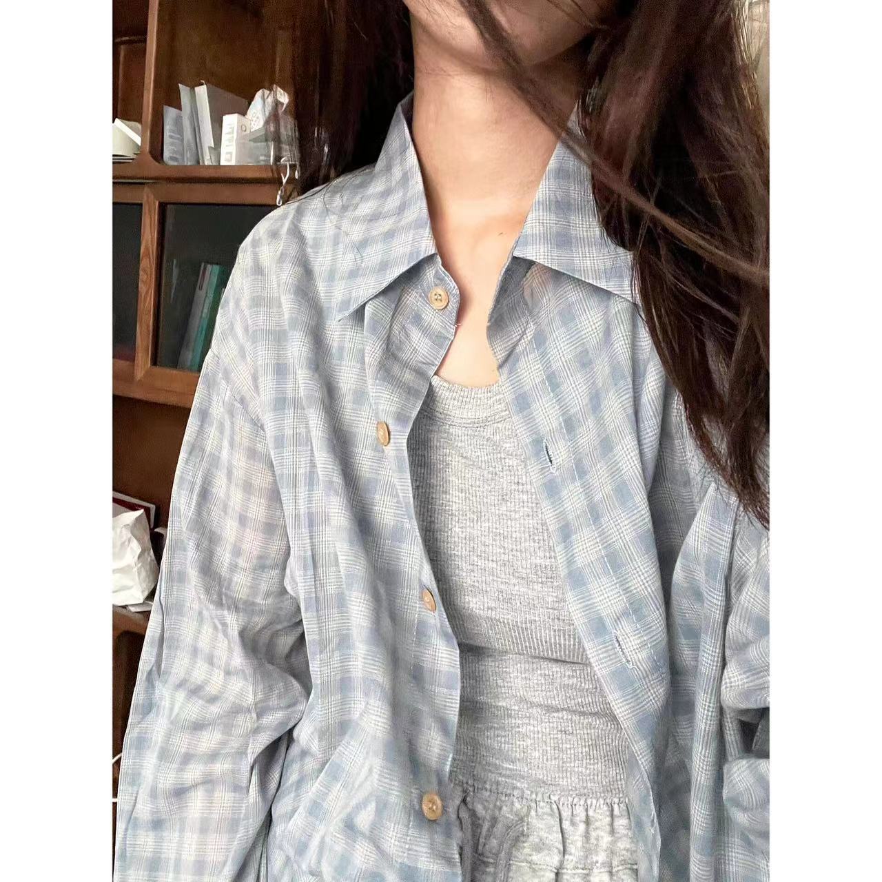 JGIRL 모리 그린 샌딩 플레이드 셔츠 여성용 느슨한 게으른 스타일 고기 커버 셔츠 코트 긴팔 트렌디 탑