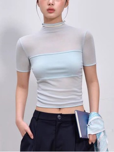LaluneDuCi Fashion Laisel дизайн сшивания футболка с высоким воротником с короткими рукавами, дикий топ для женской весны