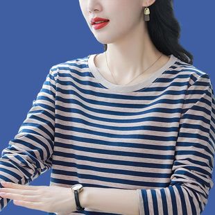 Cotton Long-sleeved T-shirt Women's New Spring Top plus size Loose Striped Western Style Mother's Autumn Clothes Base Shirt for Outer Wear