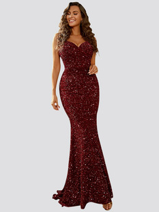 Spring and Summer 2024 New Fashion V-Neck Hip Sling Sequins European and American dress Mid-Waist Long Large Evening Dress