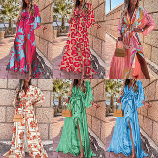 Autumn 2024 AliExpress European and American Foreign Trade Women's Wear European and American AliExpress V-Neck Printed Lace-Up Long Clothes