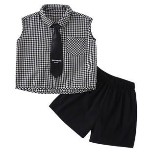 Children's Brothers and Sisters Summer Plaid Shirt suit Boys 2025 New Baby Western Style Girls' Sling dress